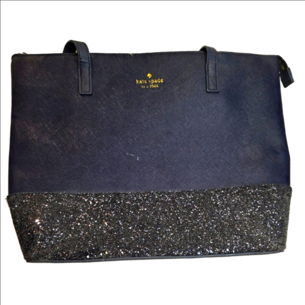 Kate Spade Navy Glitter Leather Large Tote Bag - Picture 2 of 16